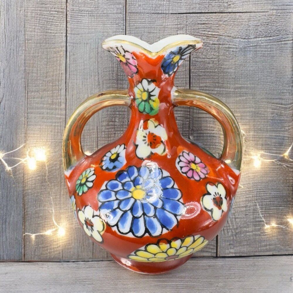 Antique Japanese Miniature Jug Pitcher Floral Painted With Handled Marked Japan